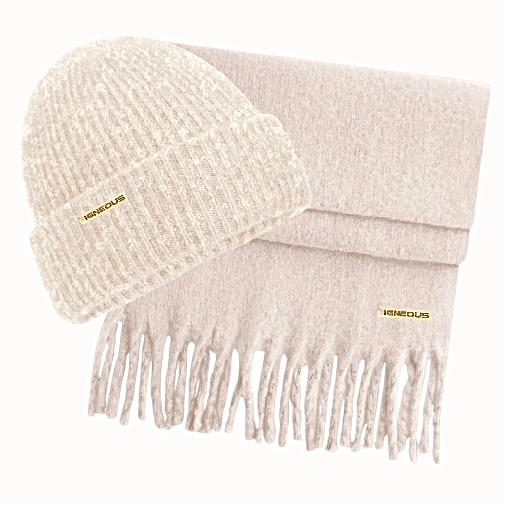 IGNEOUS WOOD LOGO HAT AND SCARF SET stone